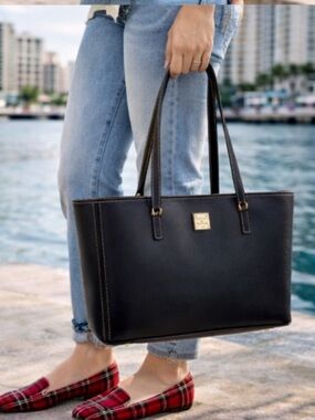 Dooney & Bourke Black Saffiano Leather Tote Bag Red Lining